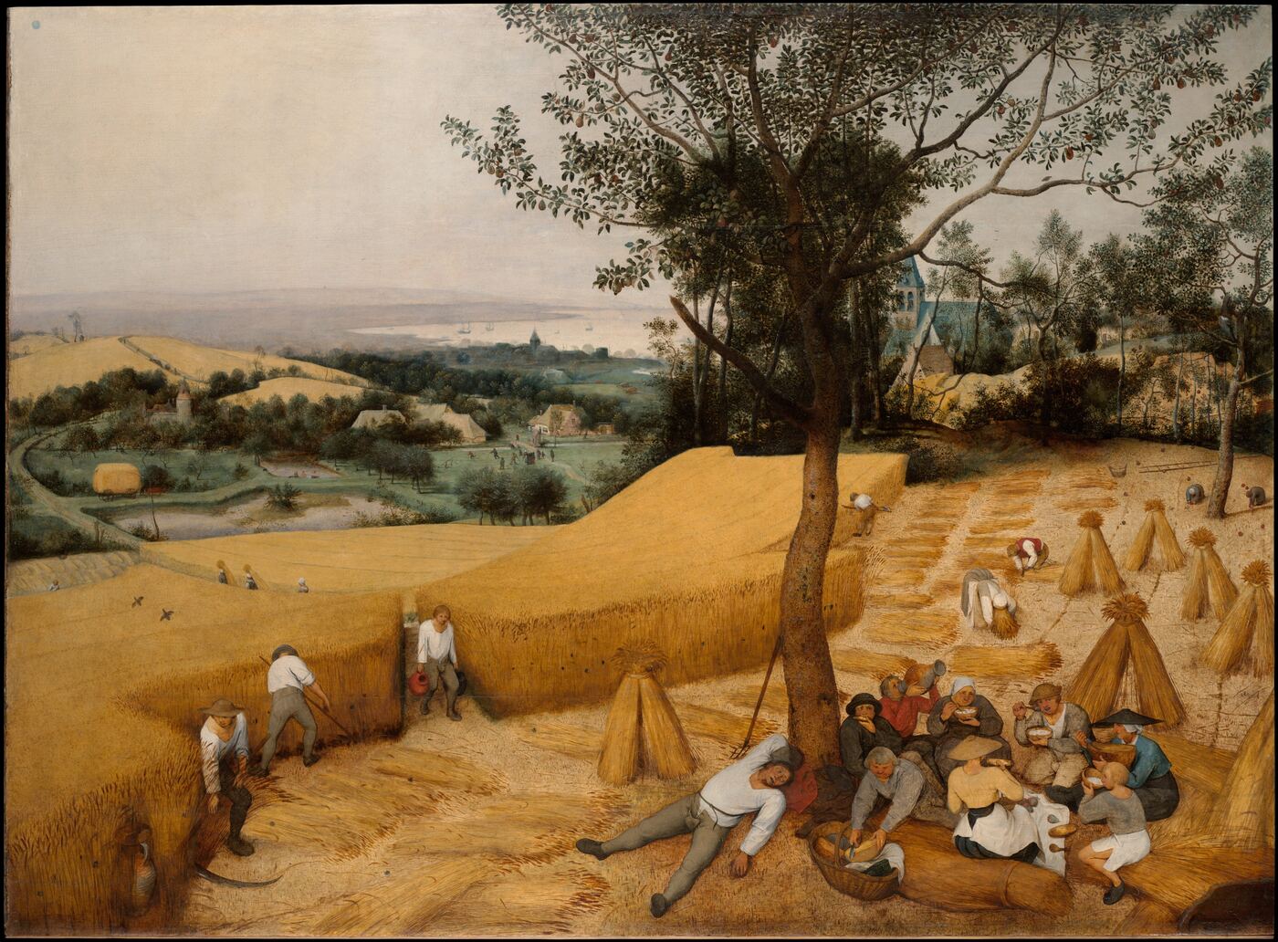 The Harvesters by Pieter Bruegel the Elder: peasants bring in the wheat at midday while one of them sleeps beneath a pear tree.